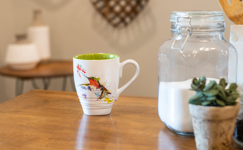 Dean Crouser Hummingbird and Flower Watercolor Green 16 ounce Glossy Ceramic Stoneware Mug
