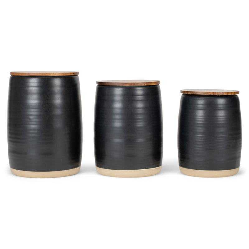 Nat & Jules Lidded Black 6 inch Ceramic and Wood Kitchen Canisters Set of 3