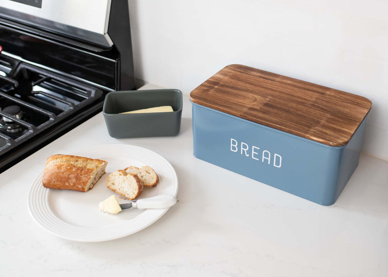Nat & Jules Matte Blue 17 x 8 Metal Enamel Rubber Wood Lidded Bread Box
