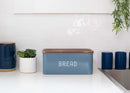 Nat & Jules Matte Blue 17 x 8 Metal Enamel Rubber Wood Lidded Bread Box