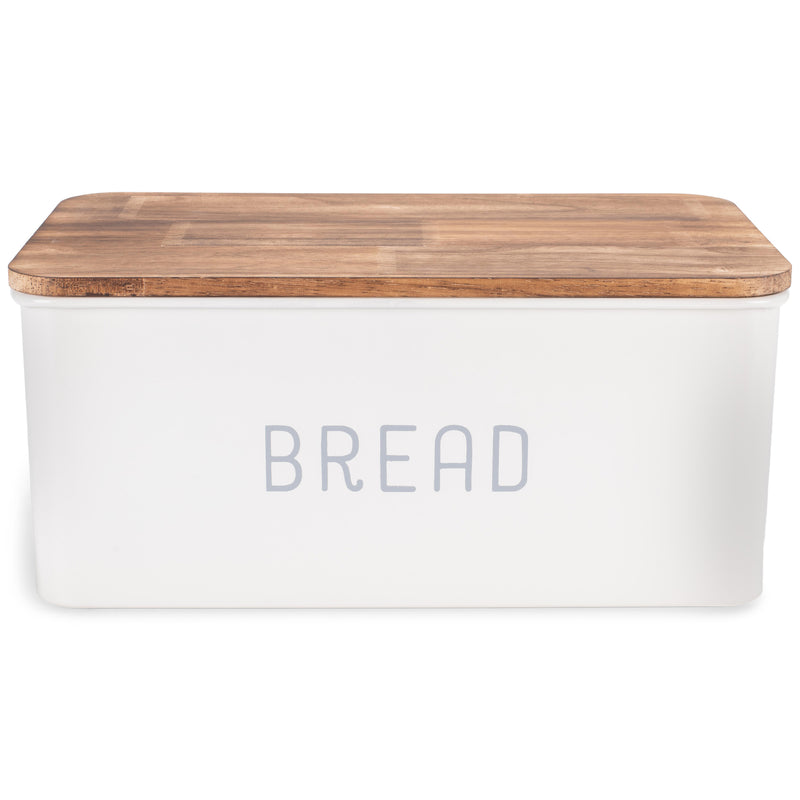 Nat & Jules Matte White 17 x 8 Metal Enamel Rubber Wood Lidded Bread Box