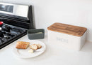 Nat & Jules Matte White 17 x 8 Metal Enamel Rubber Wood Lidded Bread Box