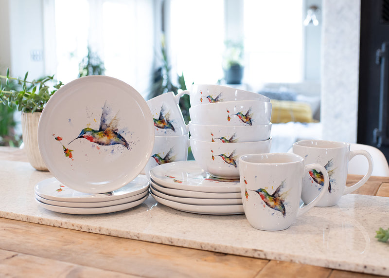 Nat & Jules Dean Crouser Watercolor Ceramic Dinnerware 16 Piece Set - Service for 4, Hummingbird