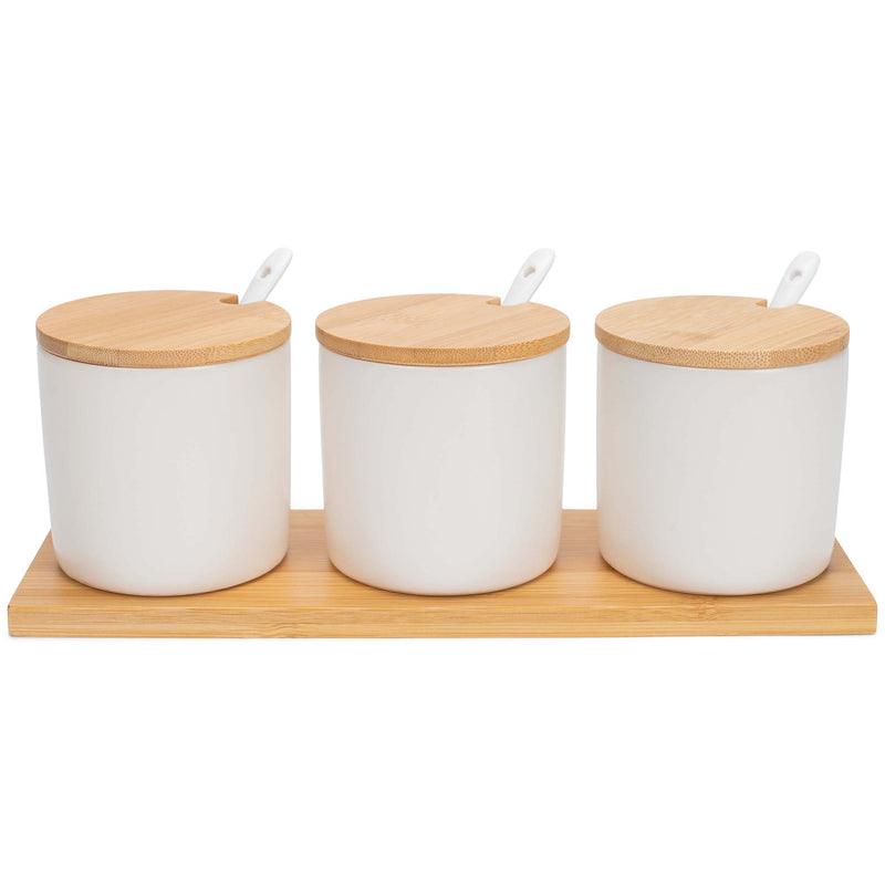 Nat & Jules Cylindrical Cream 9 ounce Stoneware Spice Container and Tray Set