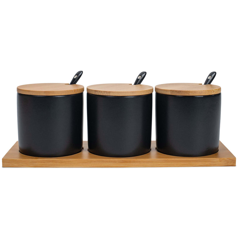 Nat & Jules Cylindrical Black 9 ounce Stoneware Spice Container and Tray Set
