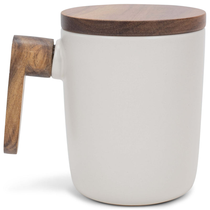 Nat & Jules Japanese Style Cream 12 ounce Stoneware Wood Handled Mug With Lid