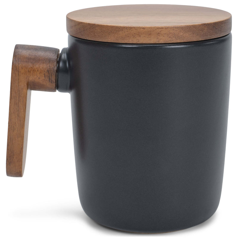 Nat & Jules Japanese Style Black 12 ounce Stoneware Wood Handled Mug With Lid