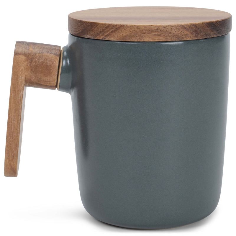 Nat & Jules Japanese Style Grey 12 ounce Stoneware Wood Handled Mug With Lid