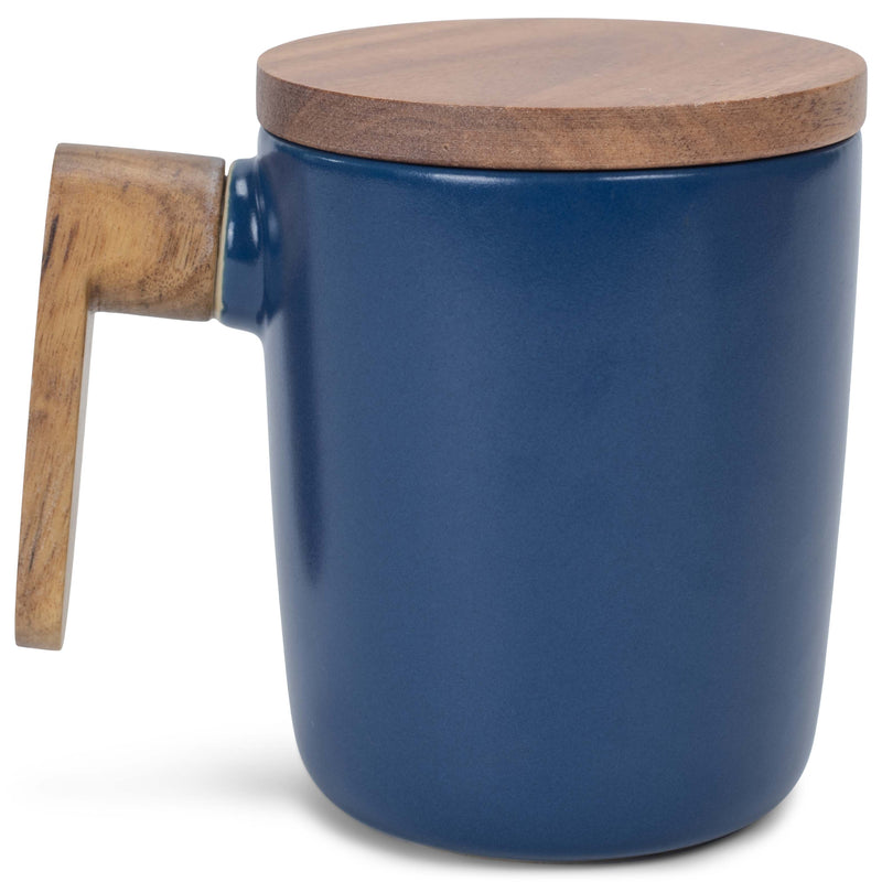 Nat & Jules Japanese Style Blue 12 ounce Stoneware Wood Handled Mug With Lid