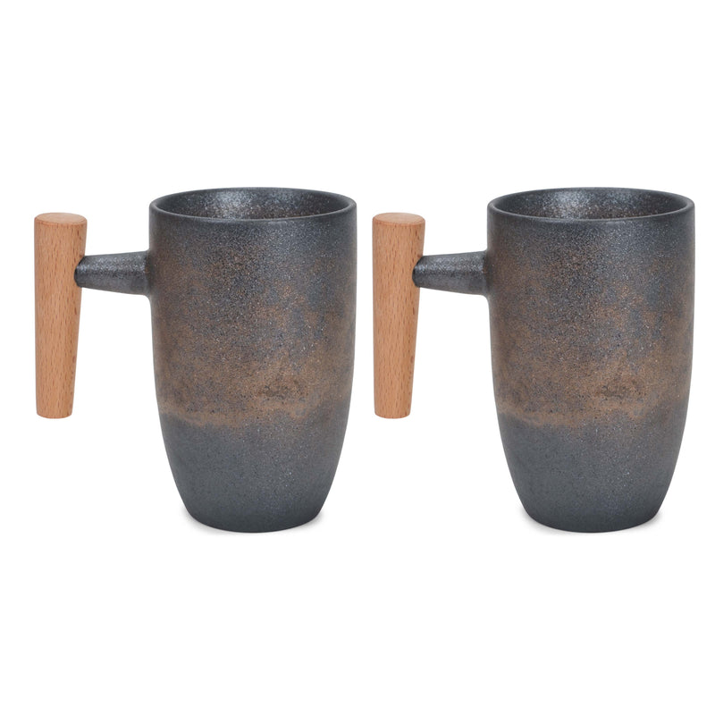 Nat & Jules Slate Mixed Finish 11 ounce Stoneware Wood Handled Mugs Set of 2