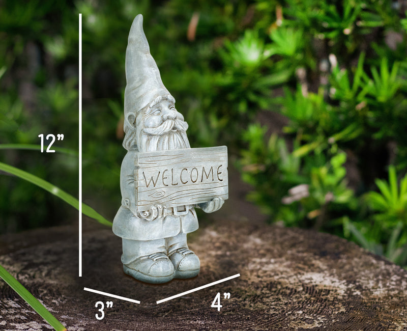 Nat & Jules Welcome Gnome Aged Cement Hue 12 inch Resin Stone Garden Statue