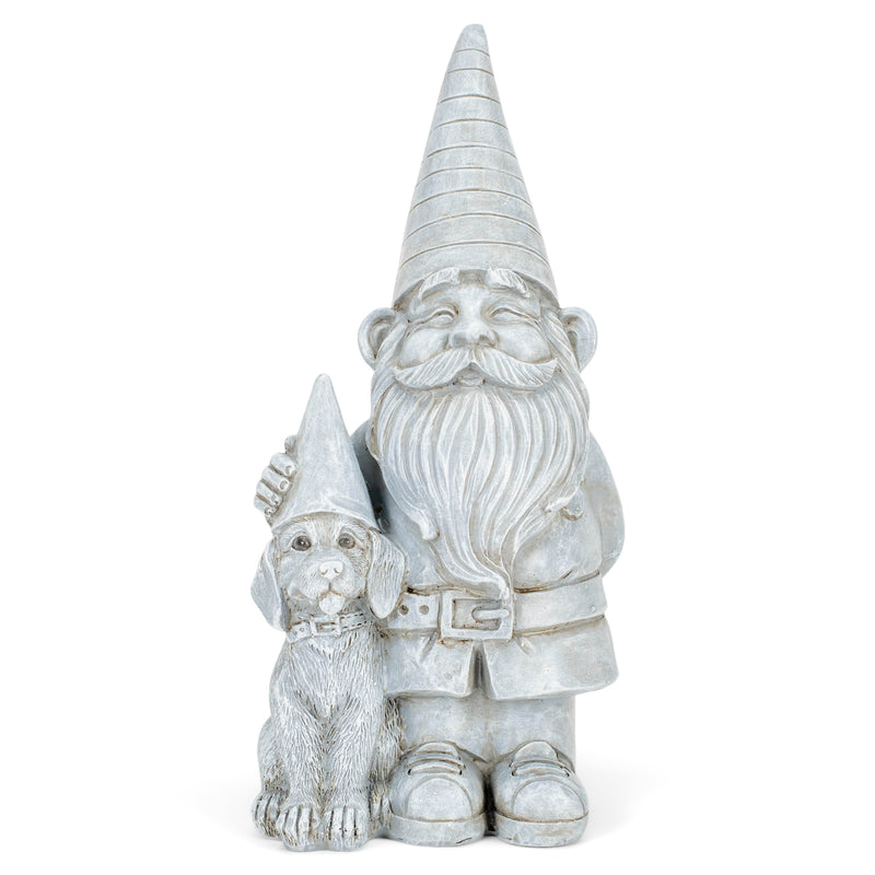 Nat & Jules Gnome and Dog Aged Cement Hue 12 inch Resin Stone Garden Statue