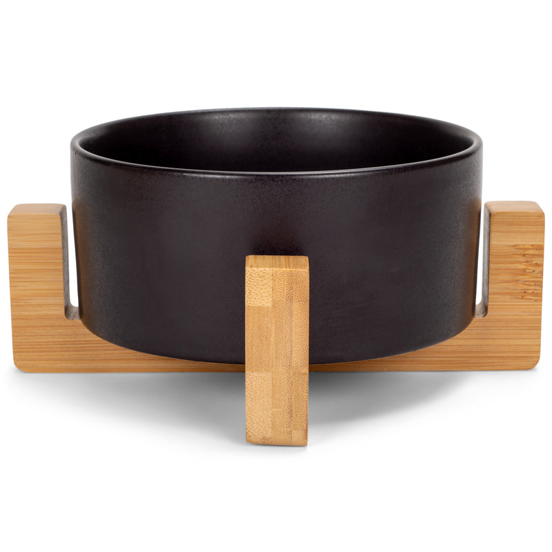 Nat & Jules Small Black 6 inch Stoneware Ceramic and Wood Pet Bowl With Stand