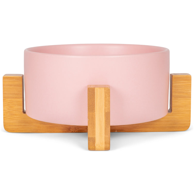 Nat & Jules Small Pink 6 inch Stoneware Ceramic and Wood Pet Bowl With Stand