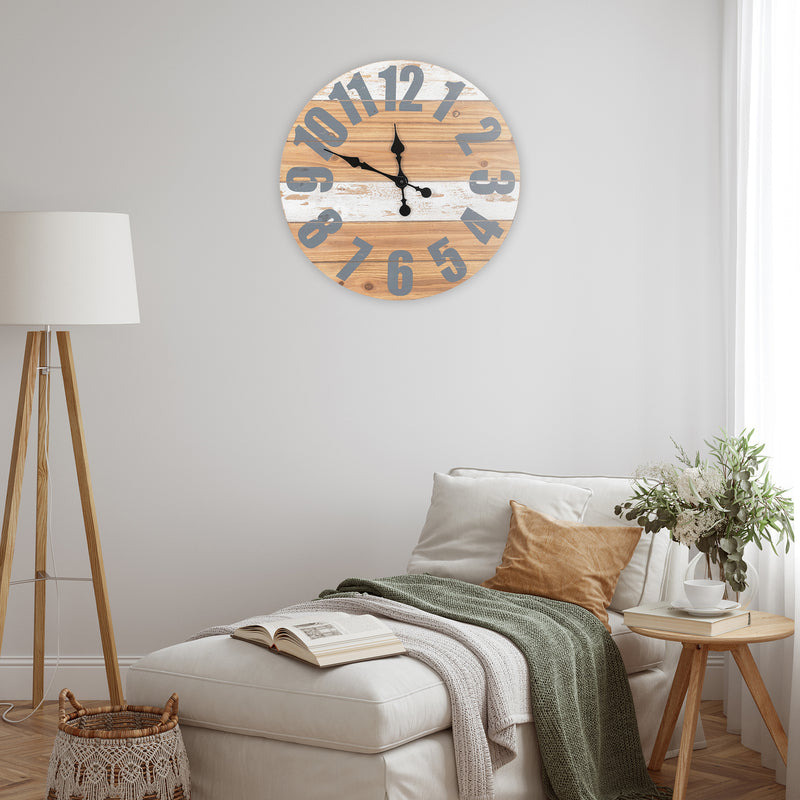 Nat & Jules Striped Woodgrain and White 24 inch Wood Composite Wall Clock
