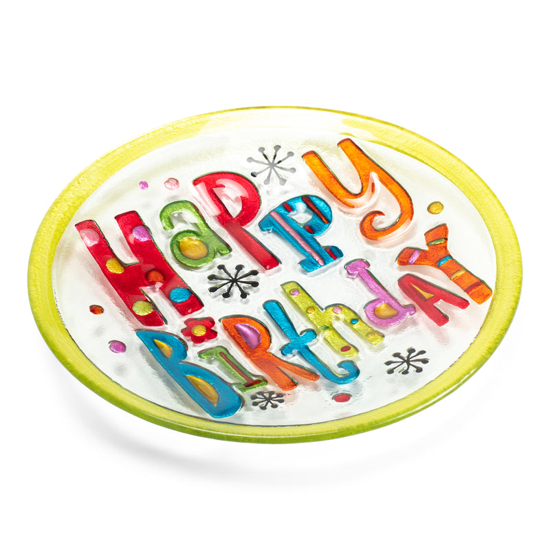 Happy Birthday Round Green Multicolored 11 x 11 Vibrant Glass Accent Plate