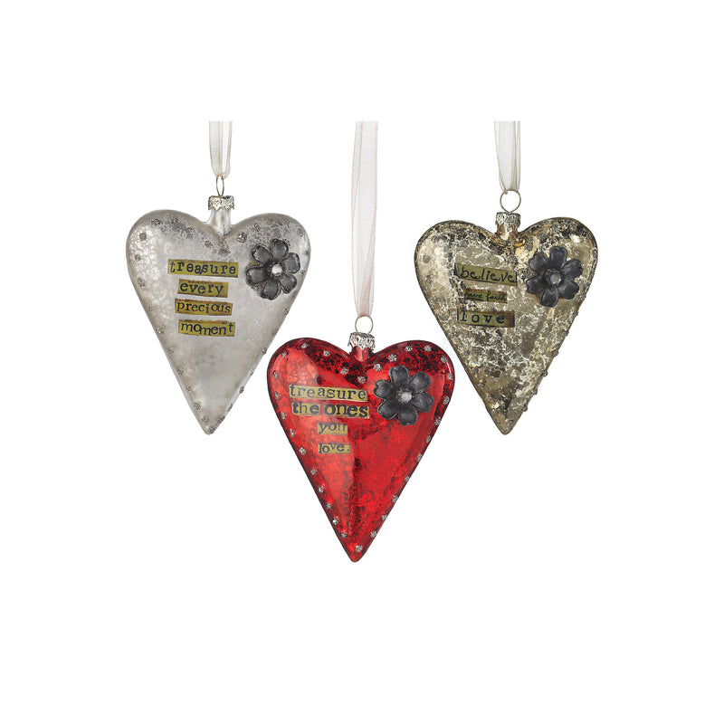 DEMDACO Heart Floral Grey 4 inch Glass Christmas Hanging Figurine Ornaments Set of 3