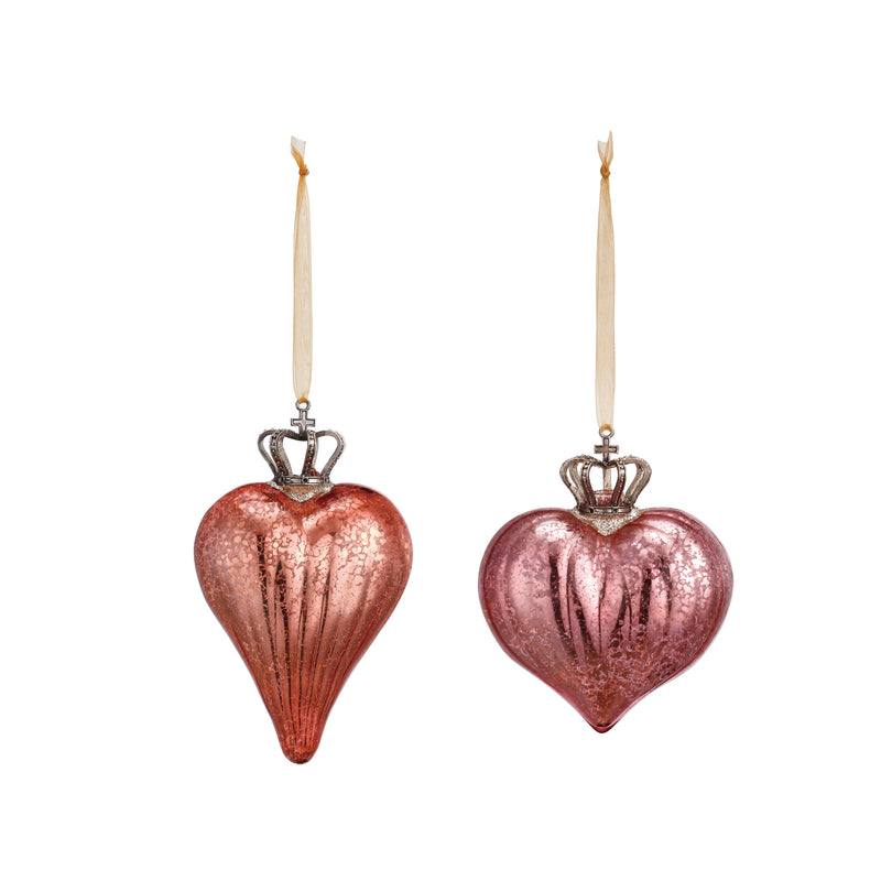 Crowned Heart Blush Pink and Rose 5 x 4 Glass Christmas Ornaments Set of 2