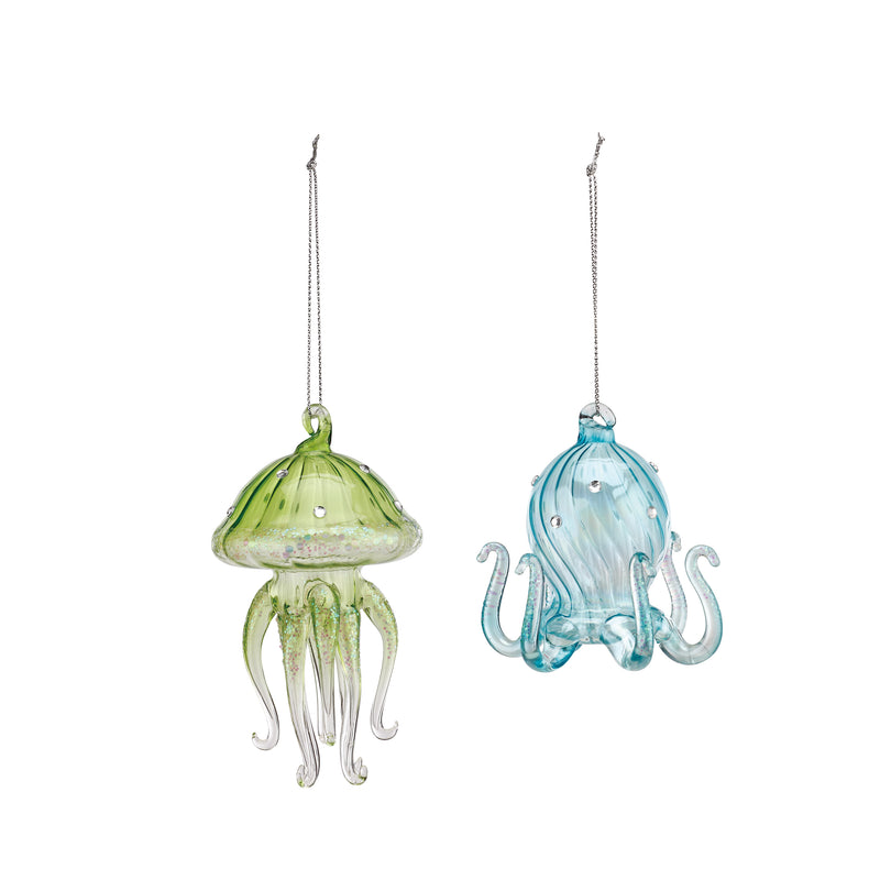 DEMDACO Jellyfish and Octopus Aqua Glitter 5 x 5 Glass Christmas Ornaments Set of 2