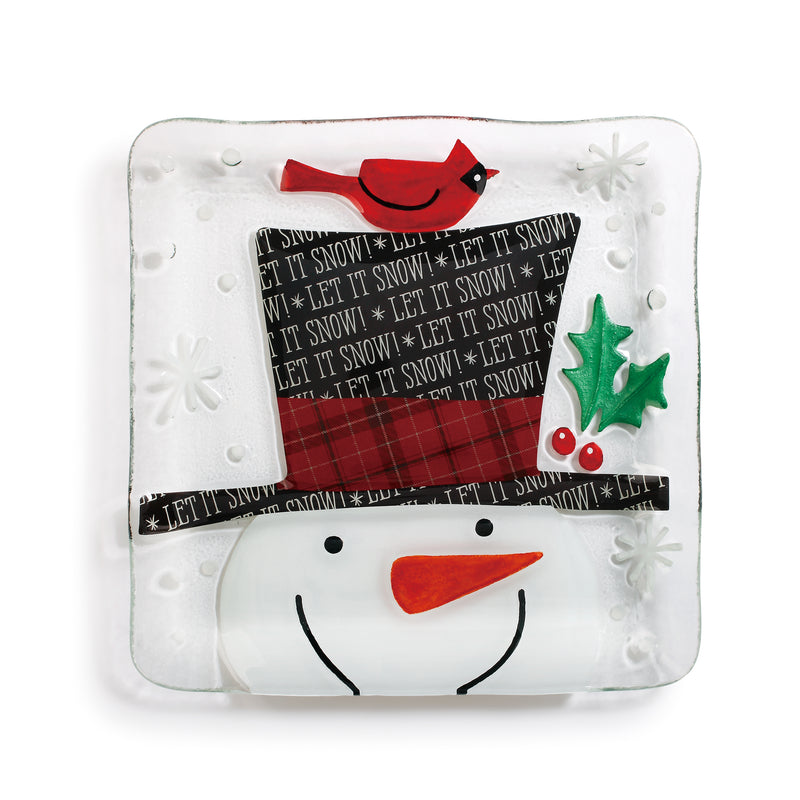 Snowman Top Hat Square Winter White 11 x 11 Glass Christmas Shaped Accent Plate