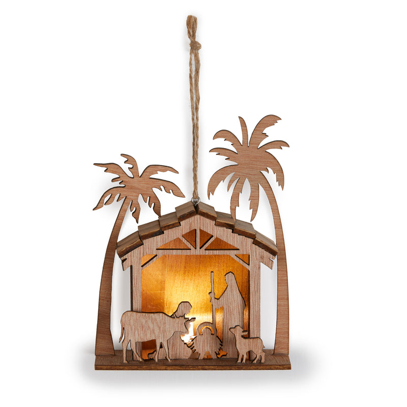 Lit Laser Cut Nativity Natural Brown 12 x 6 MDF Wood Holiday Hanging Ornament