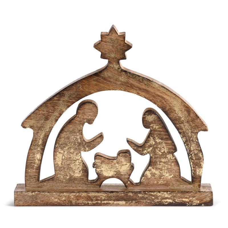 Nativity Scene Gold Tone 9 x 8 Mango Wood Holiday Collectible Figurine