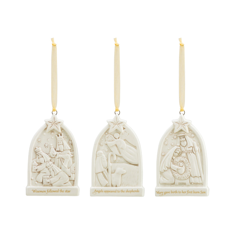 DEMDACO Nativity Triptypch White 4 x 2.5 Earthenware Hanging Ornaments Set of 3