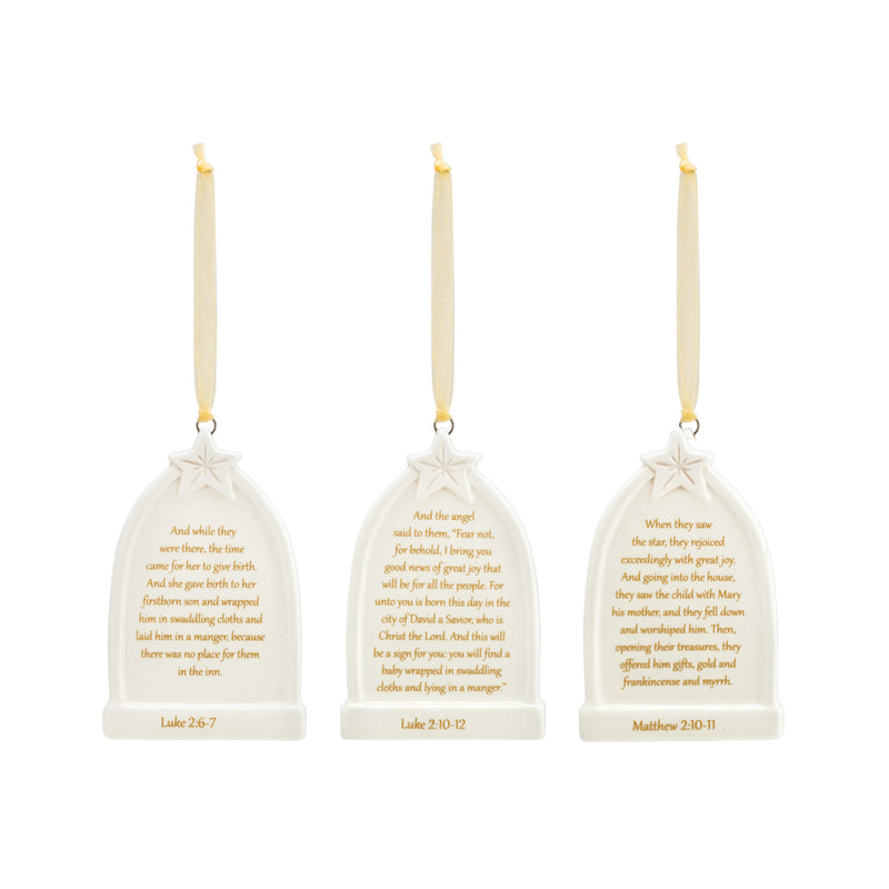 DEMDACO Nativity Triptypch White 4 x 2.5 Earthenware Hanging Ornaments Set of 3