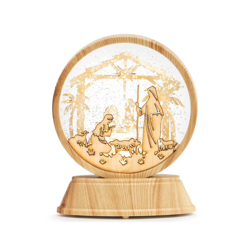 DEMDACO LED Lit Holy Family Nativity Natural Brown 5.5 x 4 Wood and Water Snow Globe