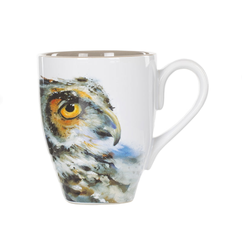 Dean Crouser Owl Watercolor Gray On White 16 Ounce Glossy Stoneware Mug With Handle