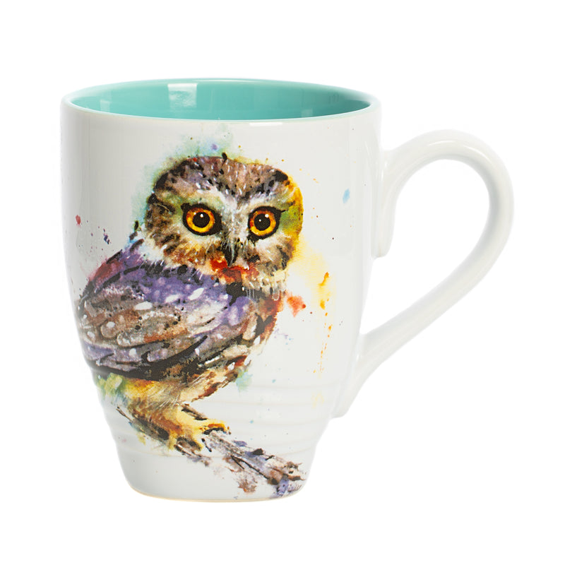 Saw Whet Owl Watercolor Blue On White 12 Ounce Glossy Stoneware Mug With Handle