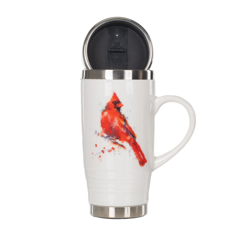 Demdaco Redhead Cardinal Bird Watercolor Glossy Stoneware Travel Mug, 16 Ounce, Red