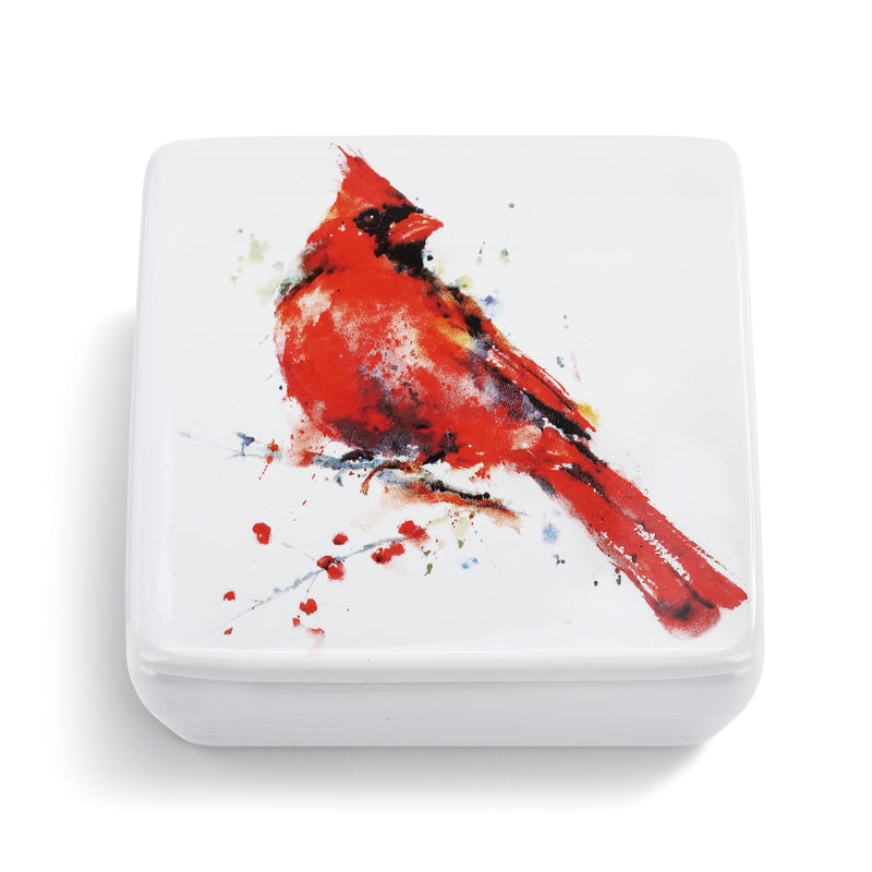 DEMDACO Dean Crouser Redhead Cardinal Watercolor Red 4 x 4 Ceramic Stoneware Lidded Vanity Box