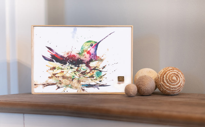 DEMDACO Dean Crouser Hummingbird in Nest Watercolor 12 x 8 Wood and Canvas Decorative Wall Art Plaque