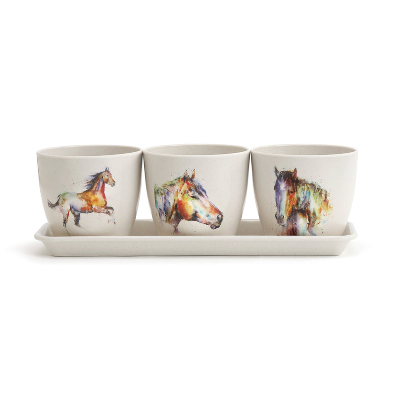 DEMDACO Dean Crouser Nature Inspired Watercolor On White 11 x 4 Bamboo Composite Standing Planter Set of 3 (Horse)