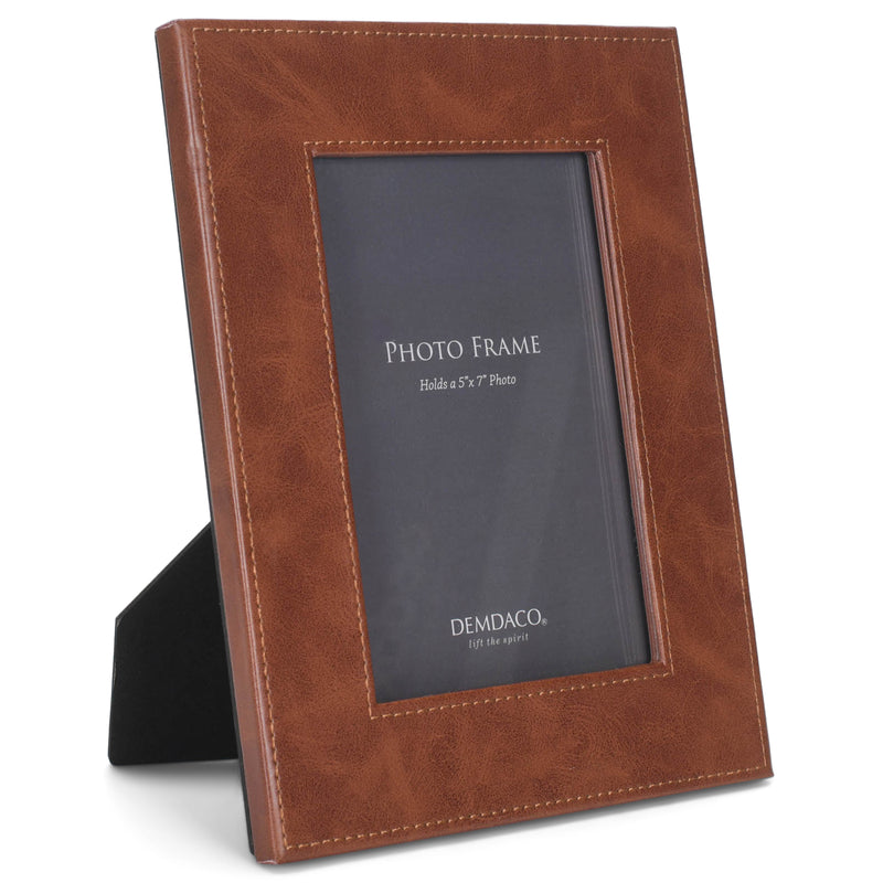 DEMDACO Rustic Natural Brown 5 x 7 Stitched Leather and Glass Tabletop Picture Frame