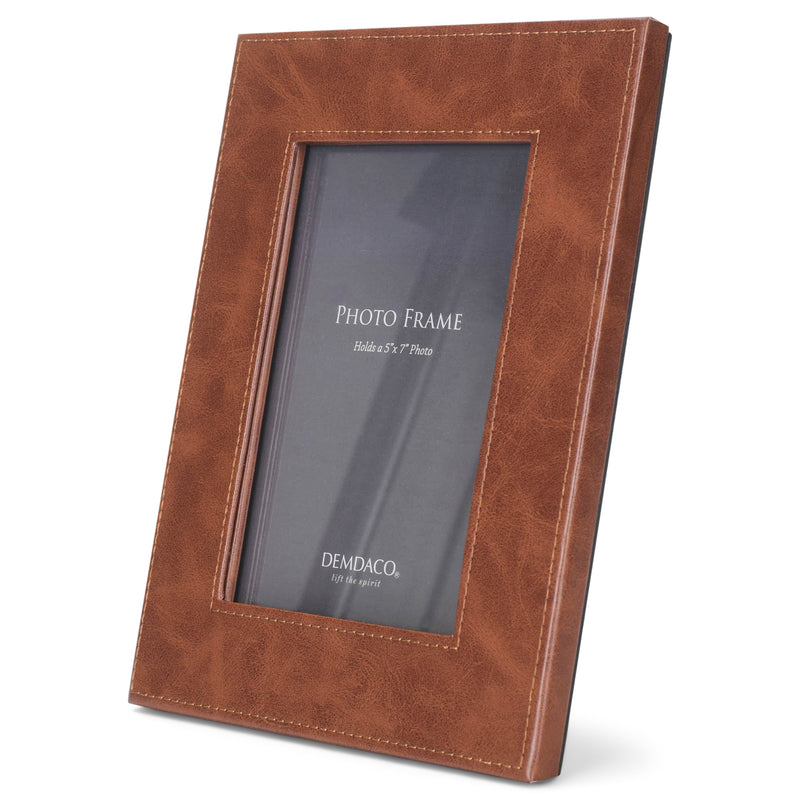DEMDACO Rustic Natural Brown 5 x 7 Stitched Leather and Glass Tabletop Picture Frame