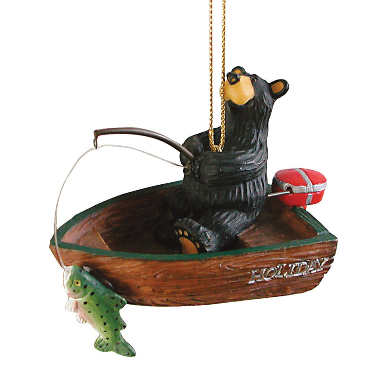 DEMDACO Bear Fishing Boat Midnight Black 2.5 x 2 Resin Stone Holiday Hanging Ornament
