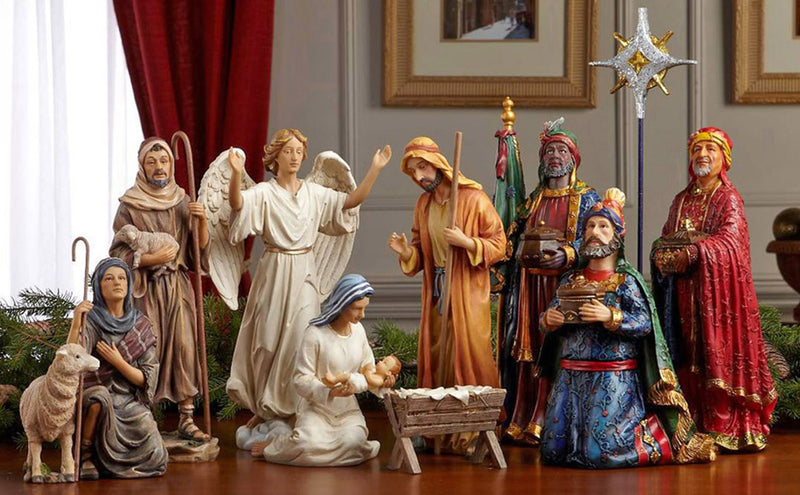 Set of 11 Nativity Figurines with Real Gold, Frankincense and Myrrh - 10 inch Scale