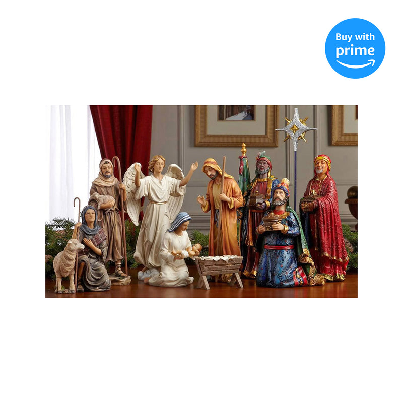 Set of 11 Nativity Figurines with Real Gold, Frankincense and Myrrh - 10 inch Scale