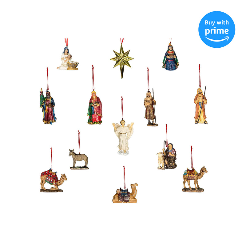 Set of 13 Christmas Nativity Ornaments in Cherry Wood Collectible Satin Lined Box