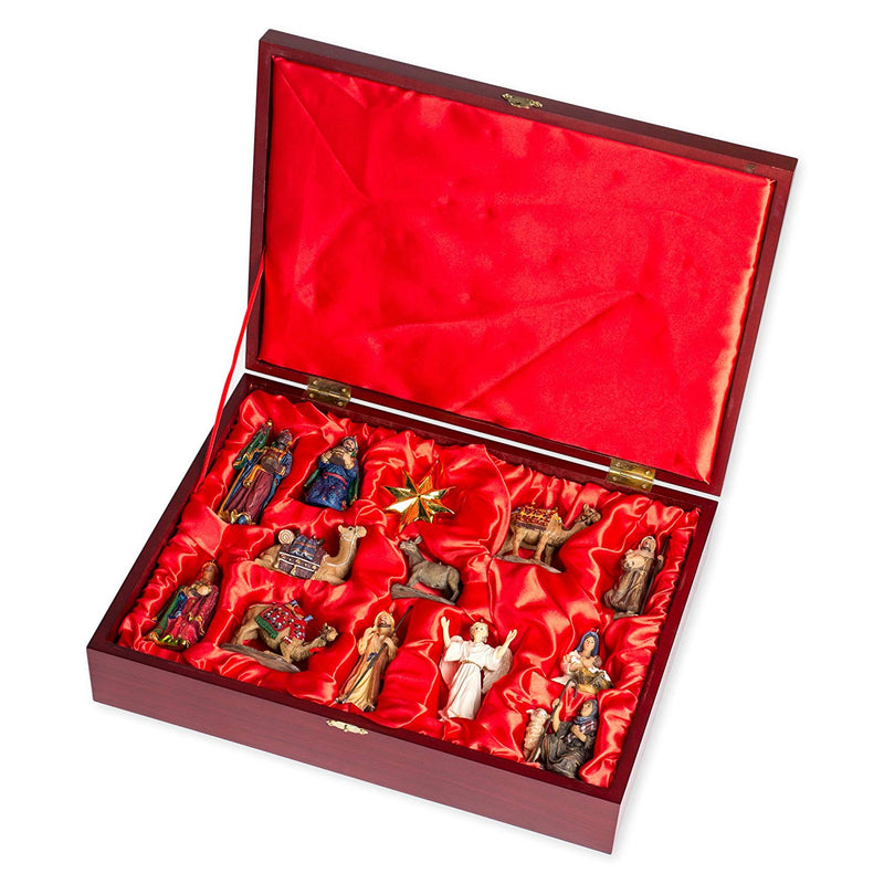 Set of 13 Christmas Nativity Ornaments in Cherry Wood Collectible Satin Lined Box