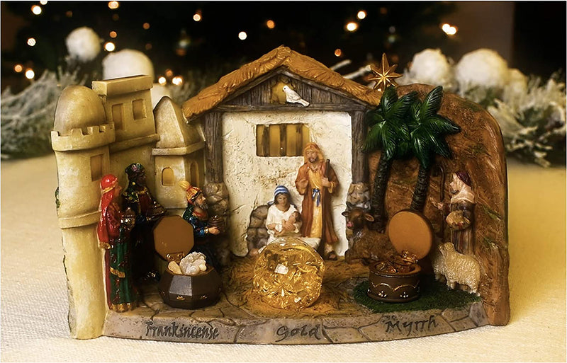Panorama Nativity Figurine Statue with Real Gold, Frankincense and Myrrh