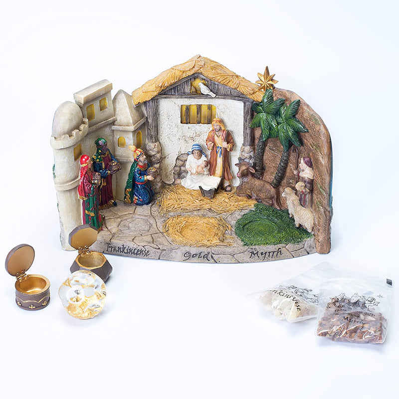Panorama Nativity Figurine Statue with Real Gold, Frankincense and Myrrh