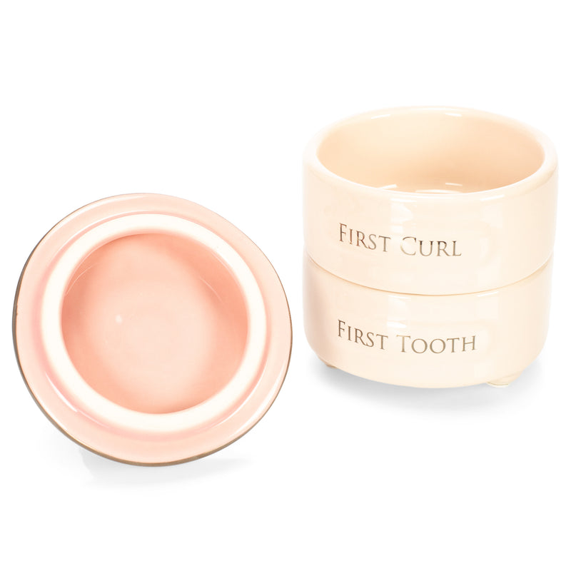 DEMDACO First Tooth and Curl Pink Ceramic Stoneware Childrens Stackable Keepsake Box