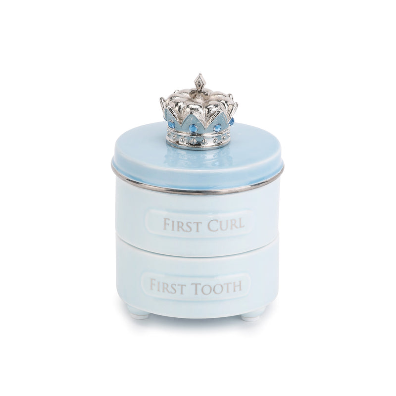 First Tooth and Curl Soft Blue 4 x 3 Ceramic and Pewter Baby Keepsake Box