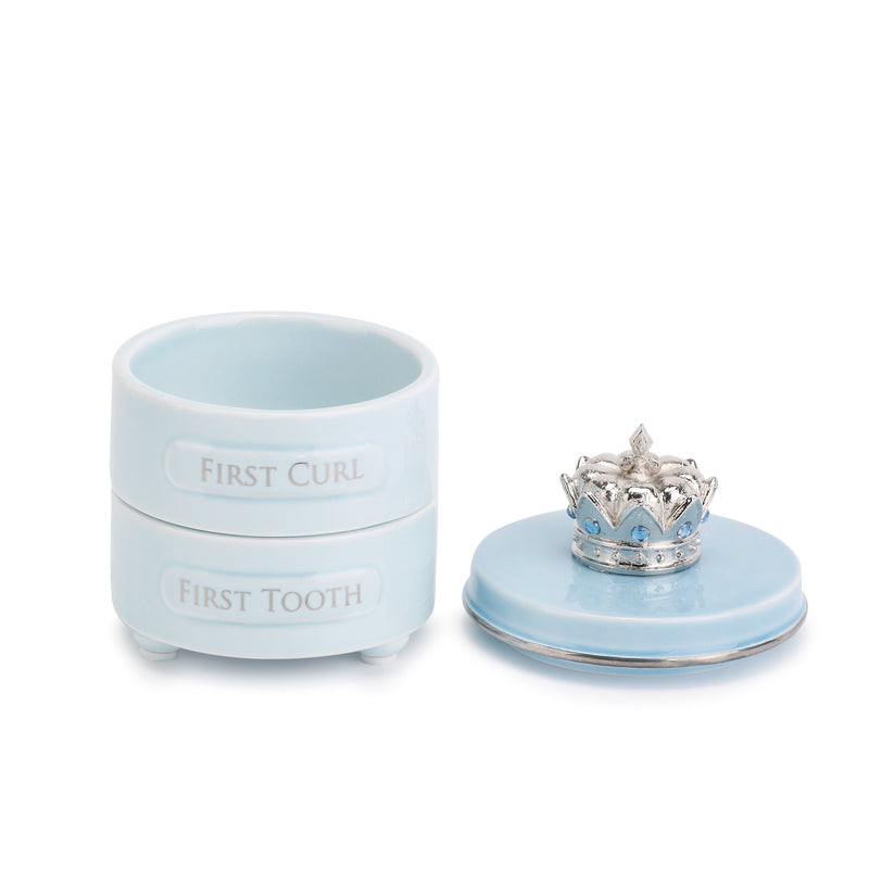 First Tooth and Curl Soft Blue 4 x 3 Ceramic and Pewter Baby Keepsake Box