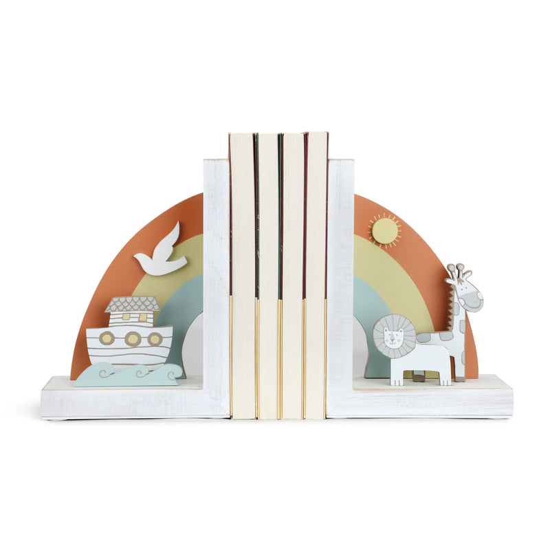 DEMDACO Noahs Ark Animals Rainbow and White 8 x 6 Wood and Metal Decorative Bookends