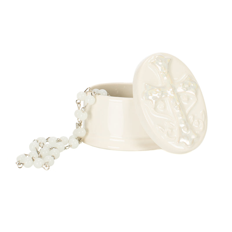 DEMDACO Rosary Classic White 3 x 2 Glossy Porcelain Decorative Trinket Box Set