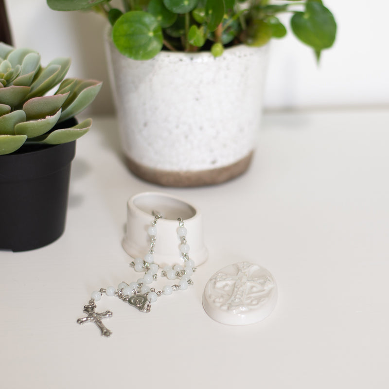DEMDACO Rosary Classic White 3 x 2 Glossy Porcelain Decorative Trinket Box Set